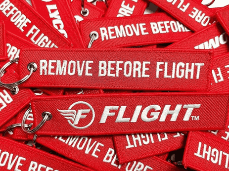 Red custom embroidered flight tags in bulk